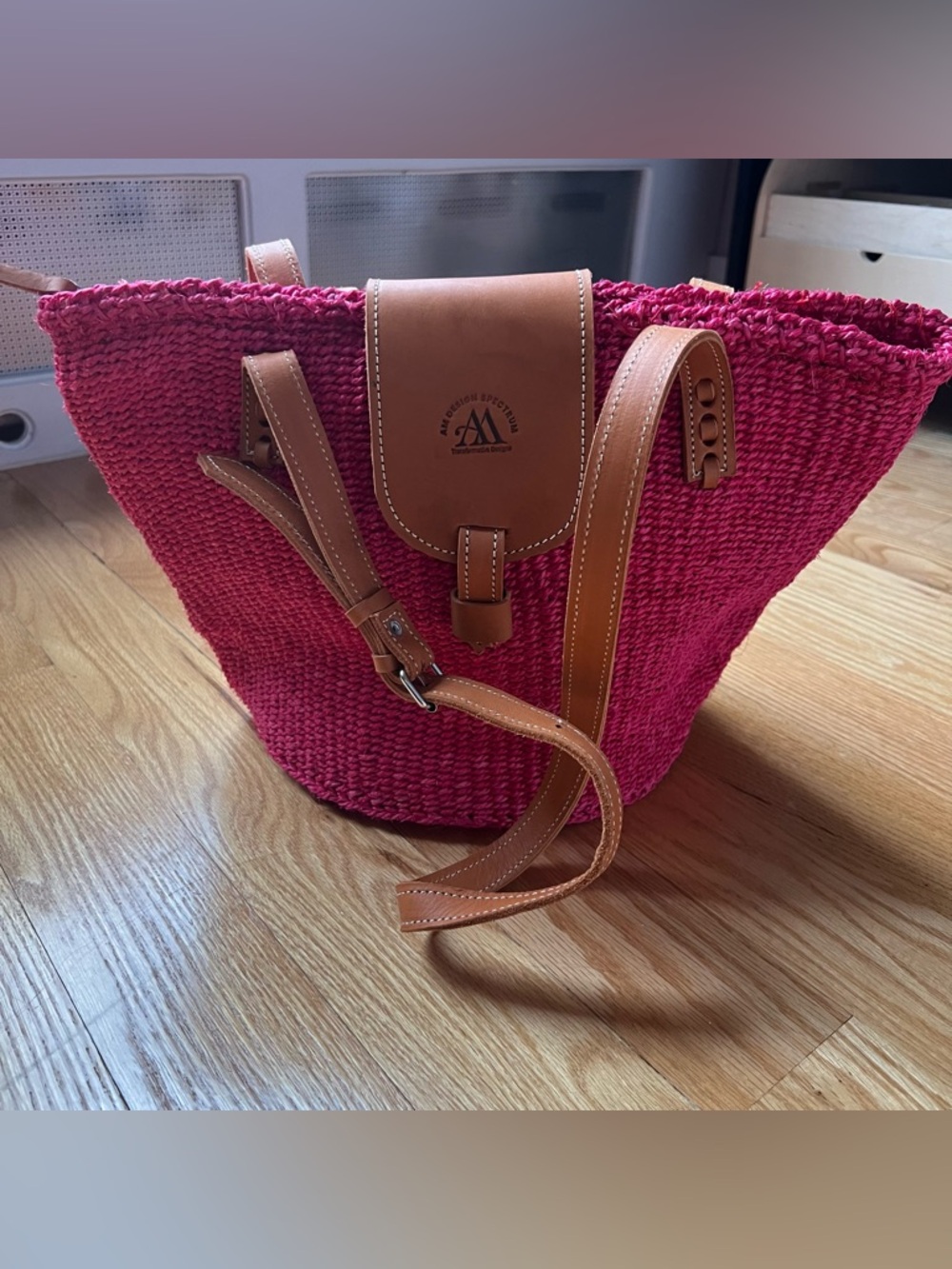 Woven Pink Straw Tote with Tan Leather Trim Handcrafted